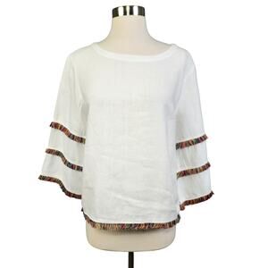 For Cynthia Womens Linen Bell Sleeve Blouse Size Petite Medium Rainbow Trim Boho